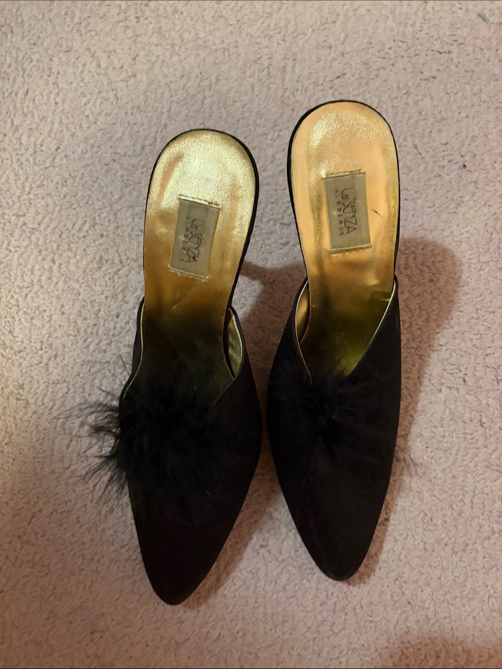 Vintage Black Slip-On Mules with Feather Accent La Senza